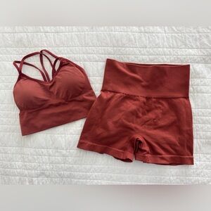Rust Red Seamless Ribbed  Sports Bra & High-Waist Shorts Set XS